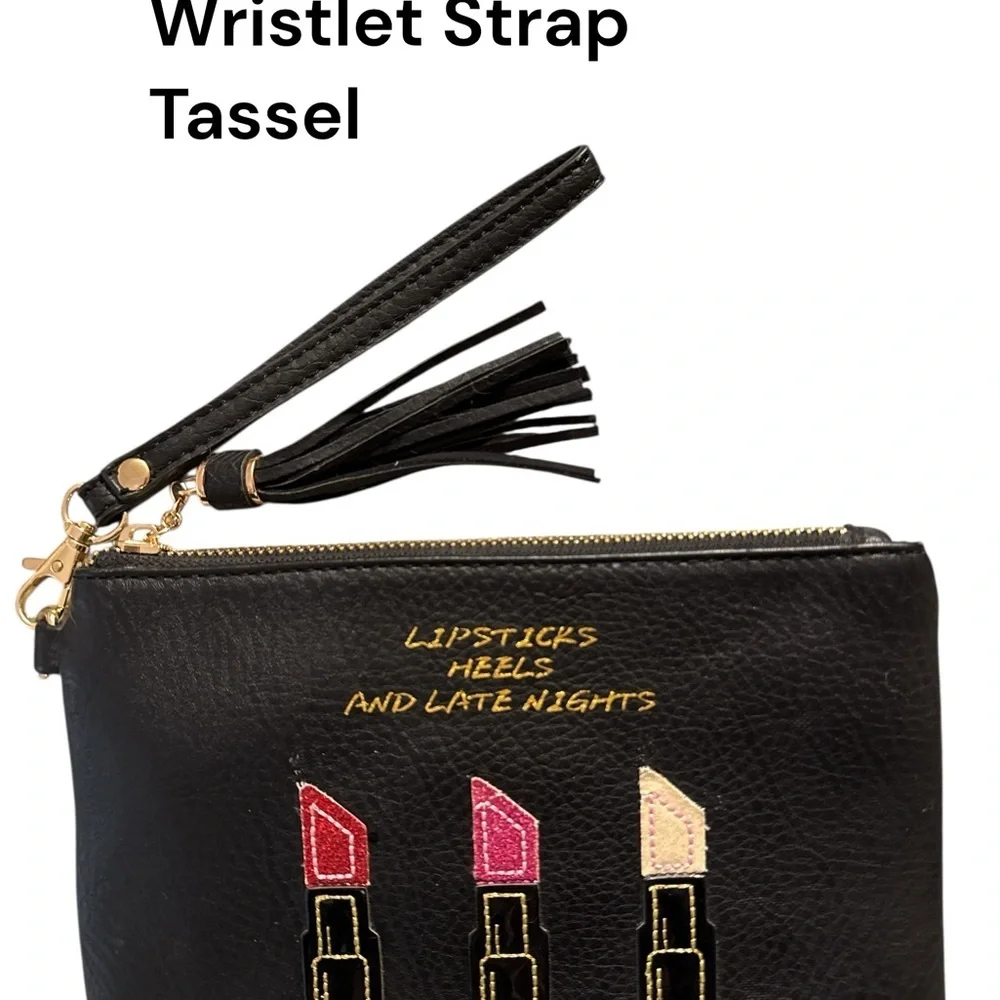 MMS Lipstick Heels Late Nights Black Wristlet Clutch Makeup Bag White Pink Red